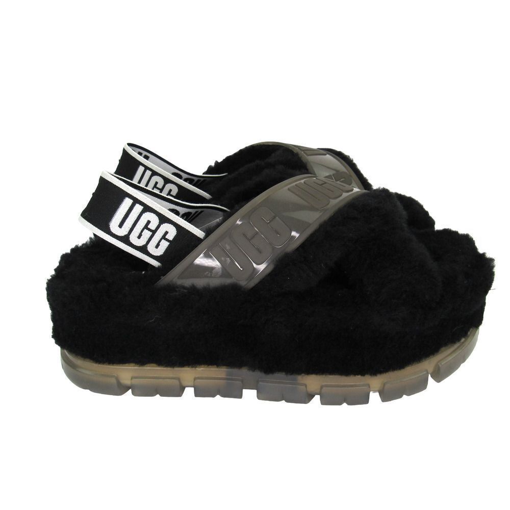 UGG WOMEN'S FUZZITA CLEAR WOOL BLEND SLIPPERS IN BLACK SZ 8